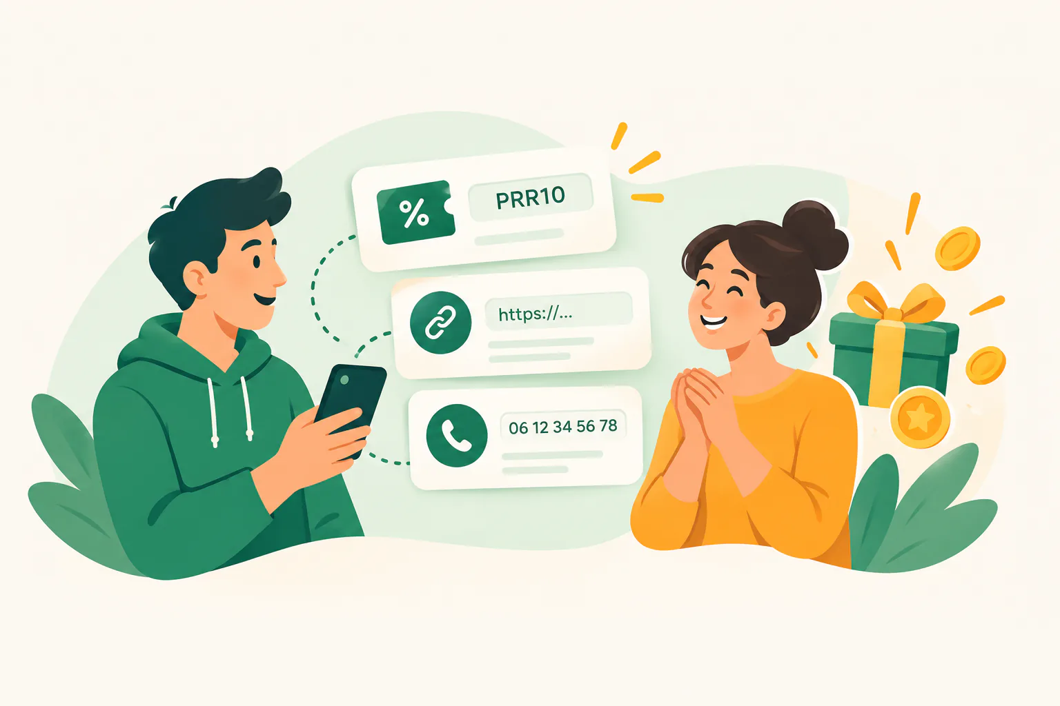 Deux personnes partagent une invitation, illustrée par un code, un lien et un numéro de téléphone.