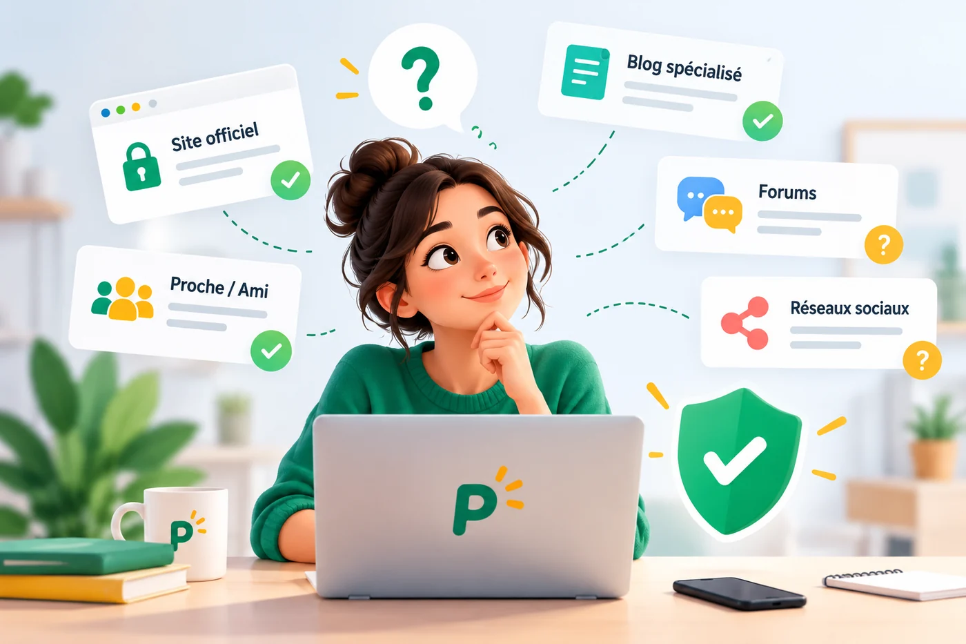 Une personne compare plusieurs sources de codes de parrainage — site officiel, proche, blog, forums et réseaux sociaux — pour distinguer les sources fiables des sources à vérifier.