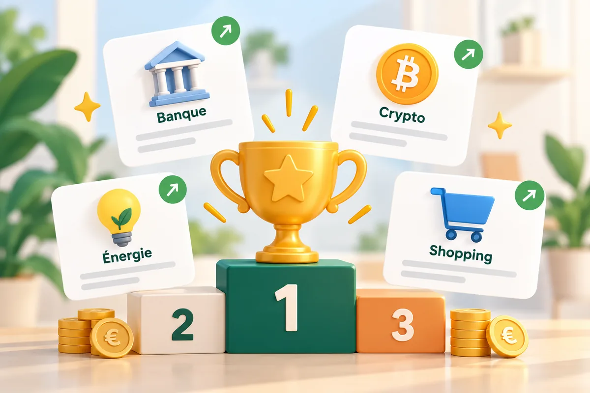 Podium de classement des primes de parrainage, entouré des univers Banque, Crypto, Énergie et Shopping.