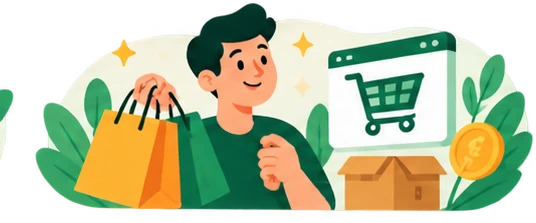 Illustration shopping et courses : sacs de courses et bons d'achat.