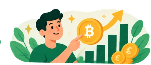 Illustration investissement et crypto : graphique de croissance et pièces.