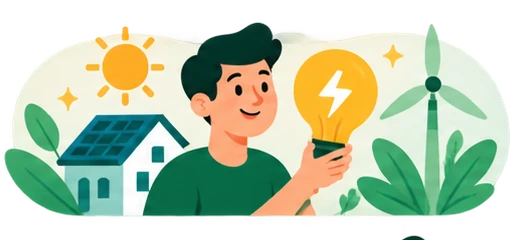 Illustration énergie : panneaux solaires et ampoule.