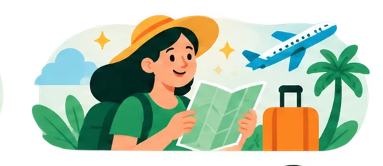 Illustration voyage et mobilité : valise, avion et billets.