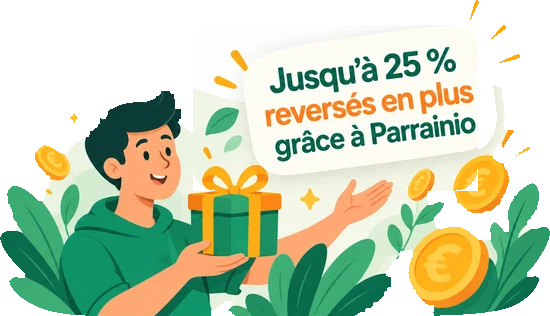 Jusqu'à 25 % reversés en plus grâce à Parrainio : un client souriant reçoit un cadeau entouré de pièces.